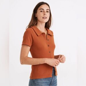 Madewell Ribbed Polo Button-Front Tee in Rust Size Small Short Sleeve